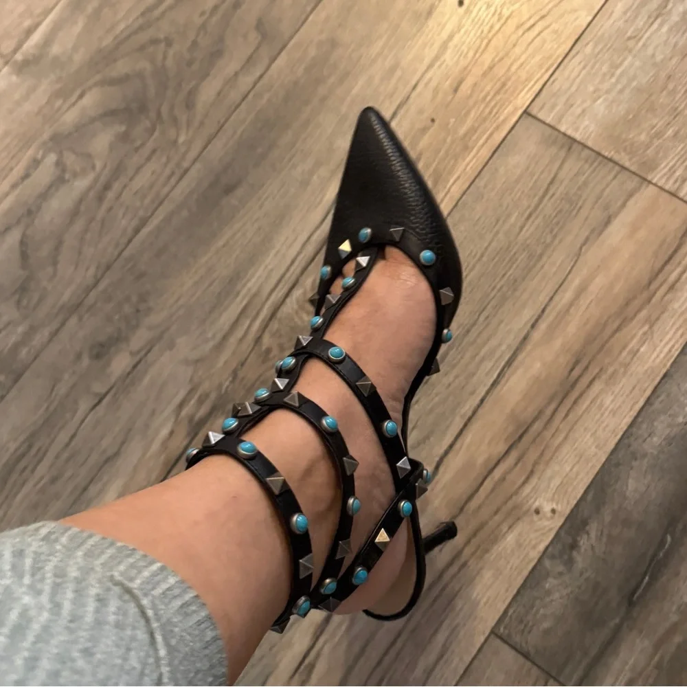 Valentino Black Leather Pointed Flats with Turquoise Stud Accents